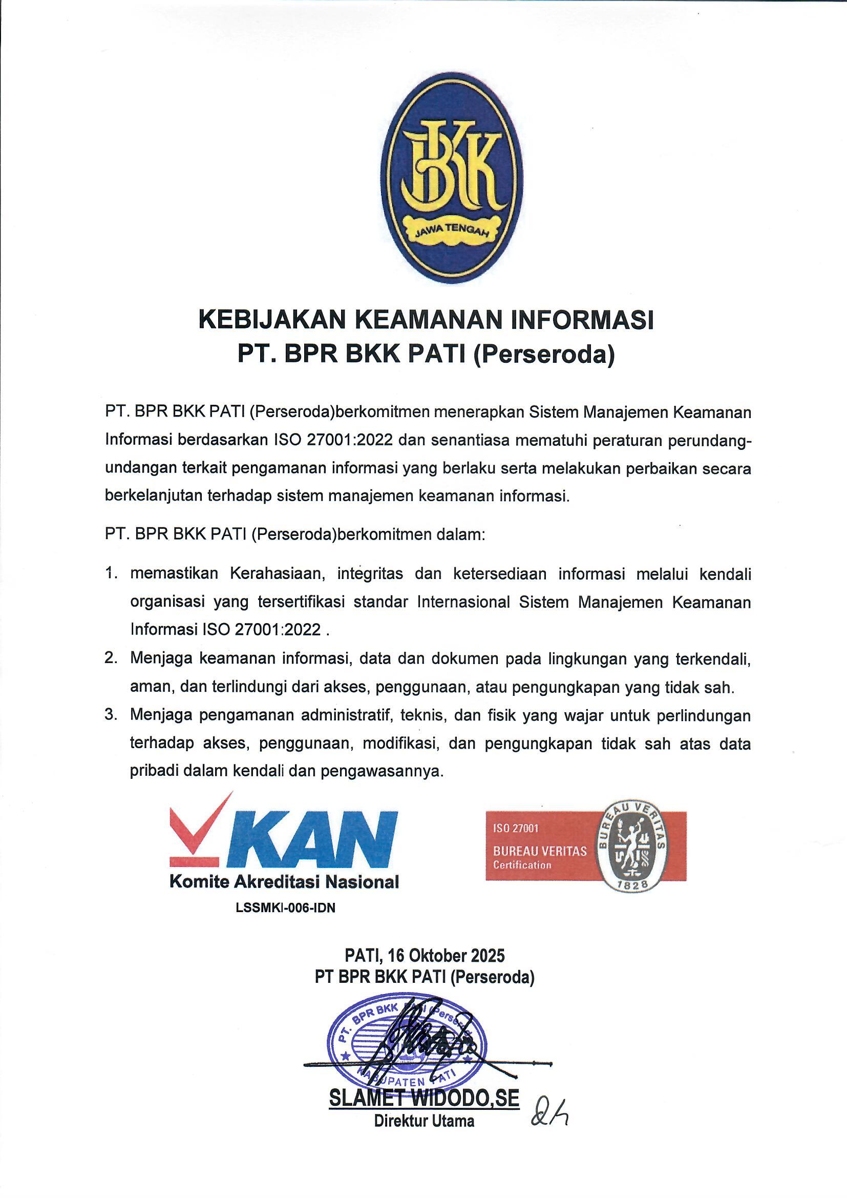 Kebijakan SMKI PT BPR BKK PATI